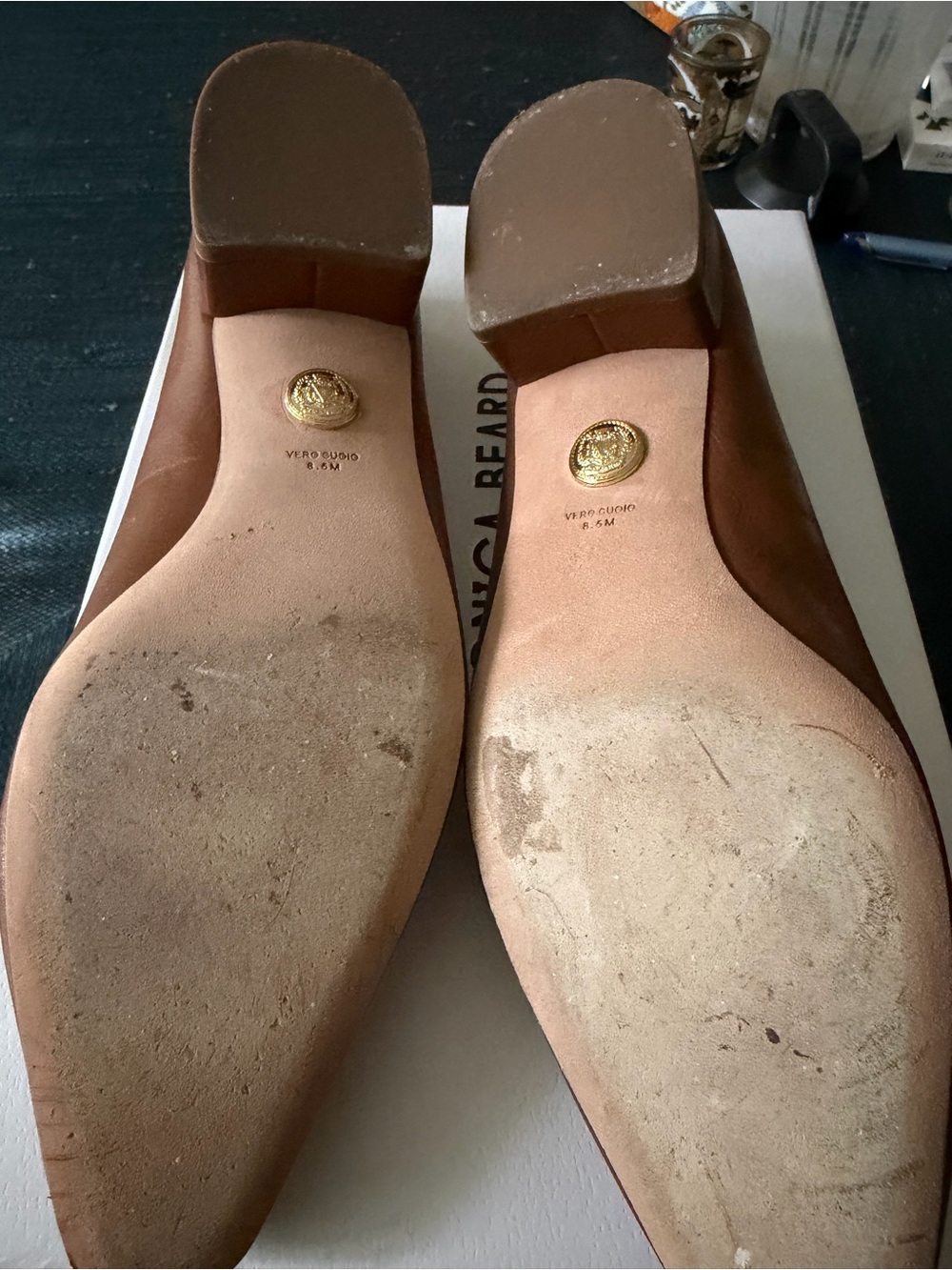 Veronica Beard Women Brown Leather Ballet sm block heel + bow worn 1x like new - Picture 3 of 3